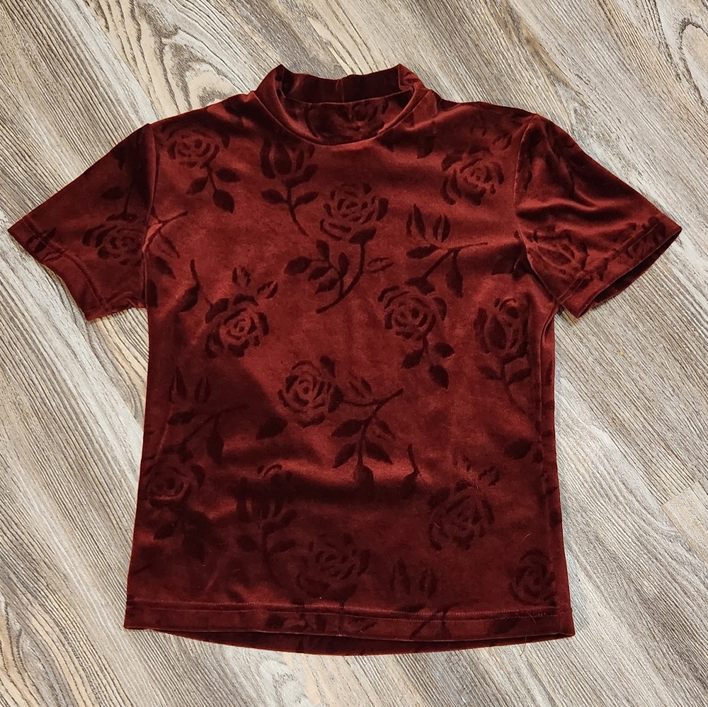 Y2K Velvet Womens M Red Rose Mock Neck Short Top In Charge Short Sleeve Pullover